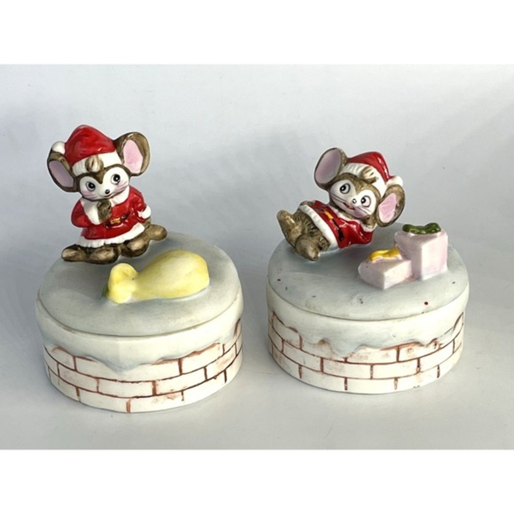 Vintage HOMCO Christmas Santa Mouse Trinket Box Set of 2 Porcelain 8901‎